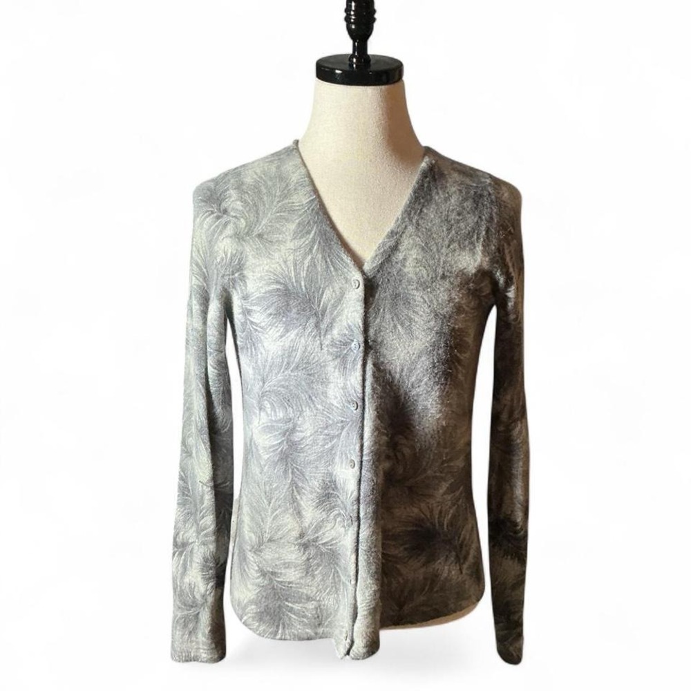 SARAH SPENCER Lamb Wool Feather Print Cardigan Sweater Womens M V Neck Button Up